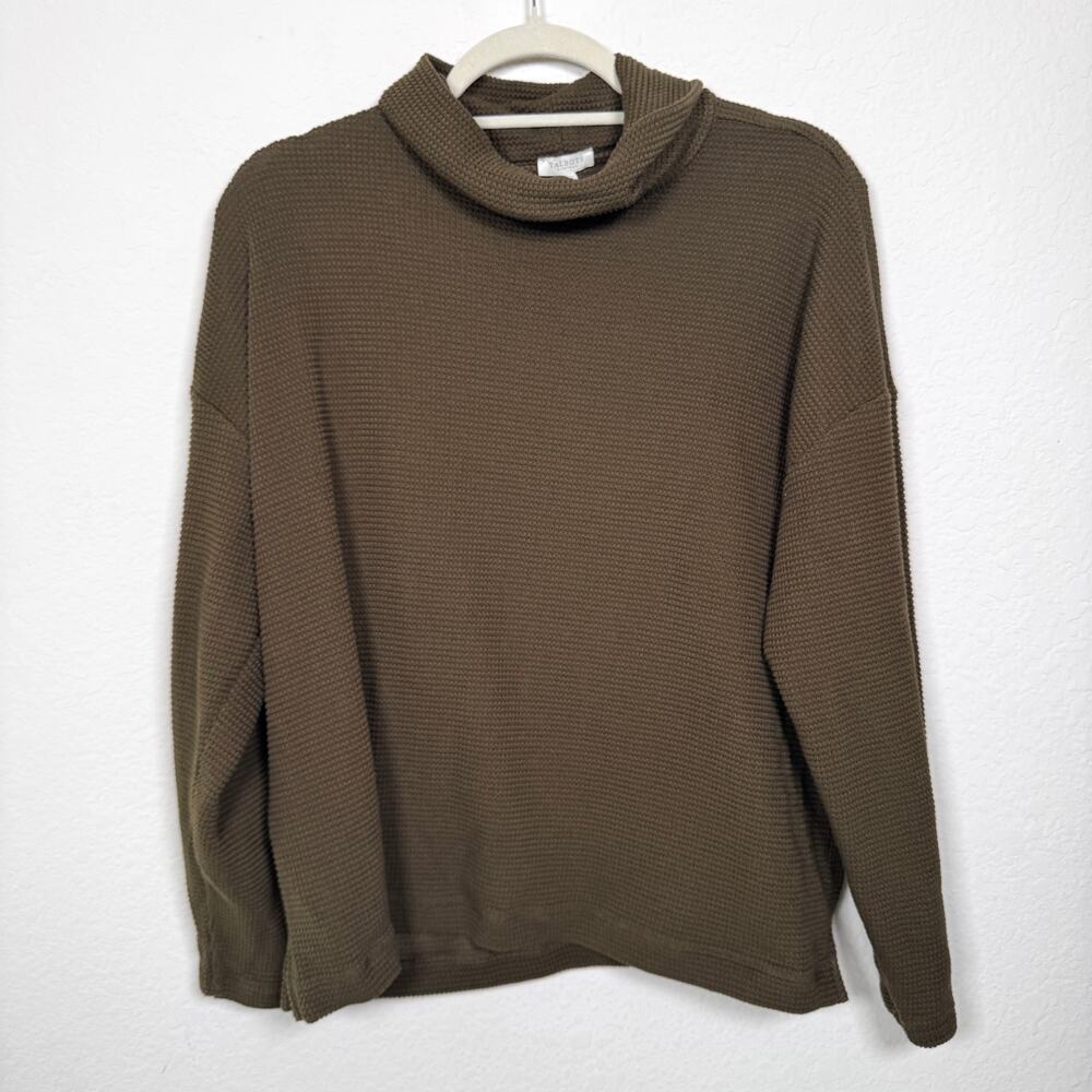 Talbots Womens Cowl Neck Waffle Top Shirt Size XL Petite Neutral Classic Green
